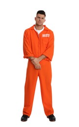 Prisoner in orange jumpsuit on white background