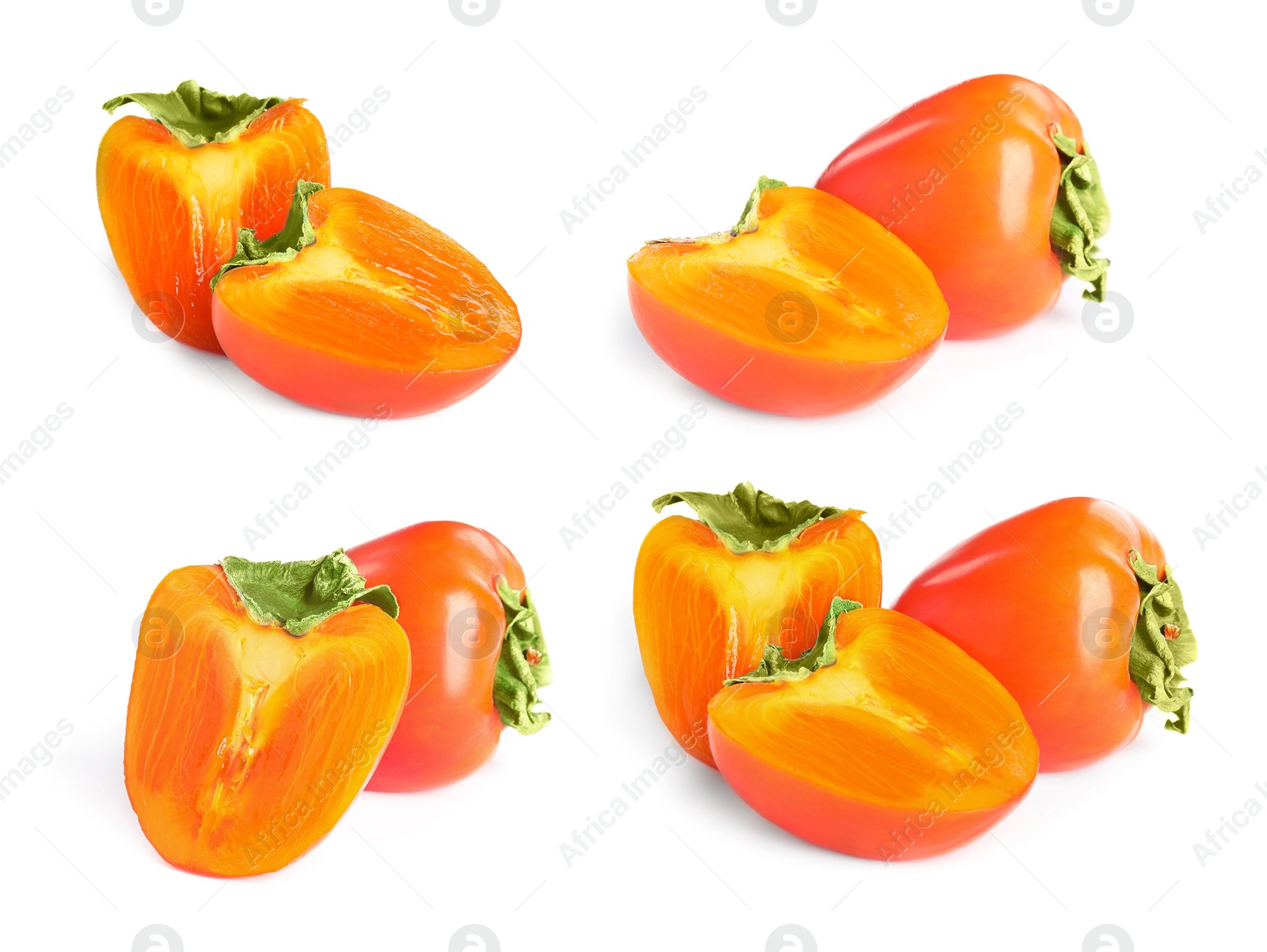 Image of Set of delicious fresh ripe persimmons on white background