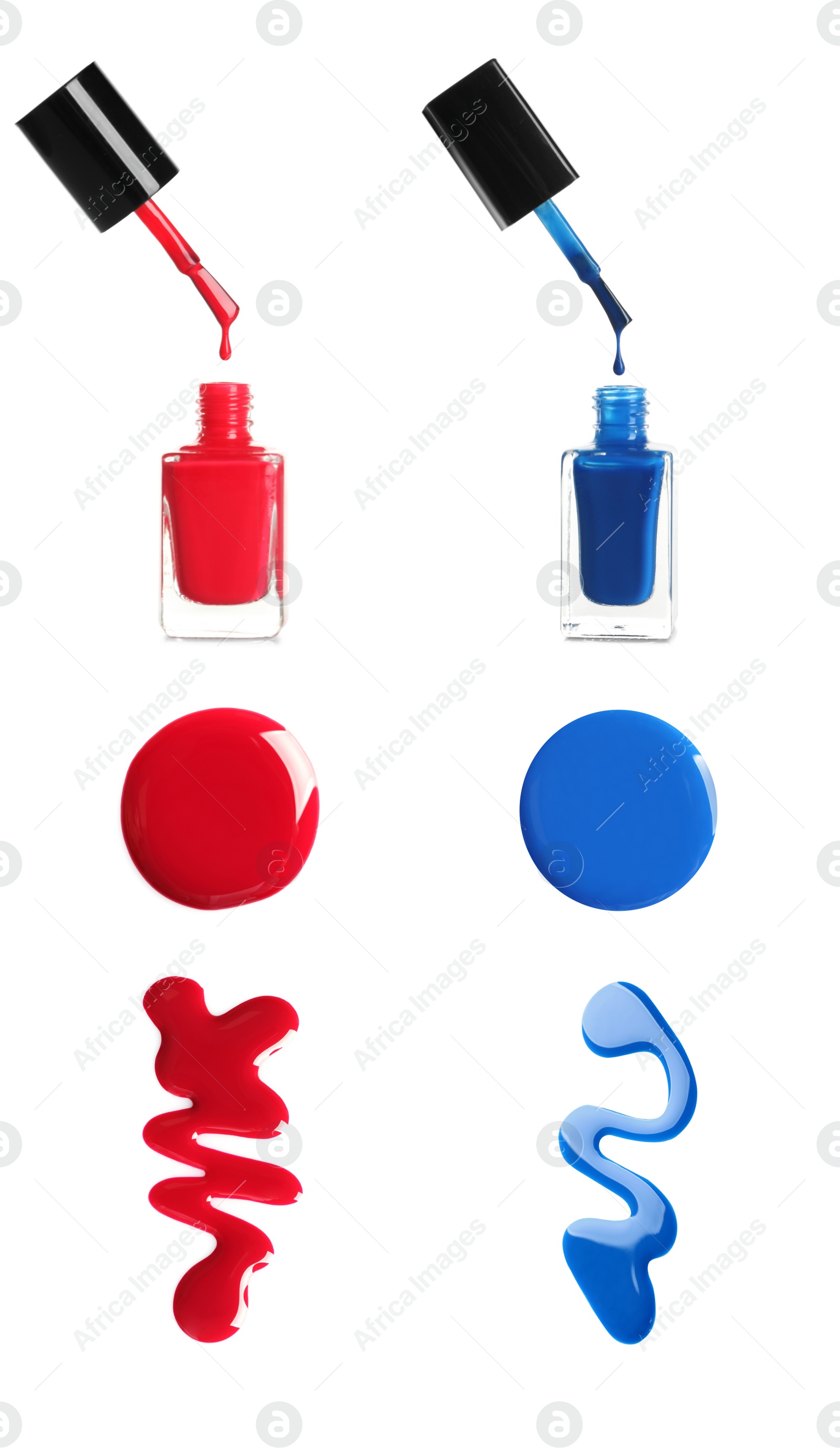 Image of Collage of red and blue nail polishes on white background