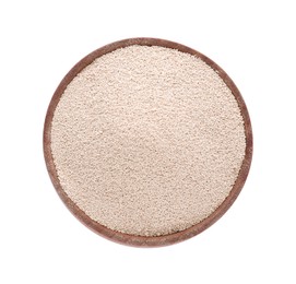 Photo of Bowl of active dry yeast isolated on white, top view