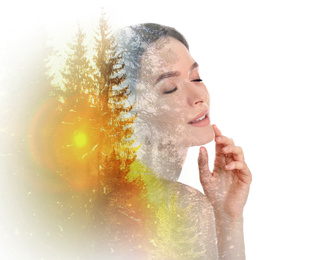 Beautiful woman and pine forest on white background. Double exposure