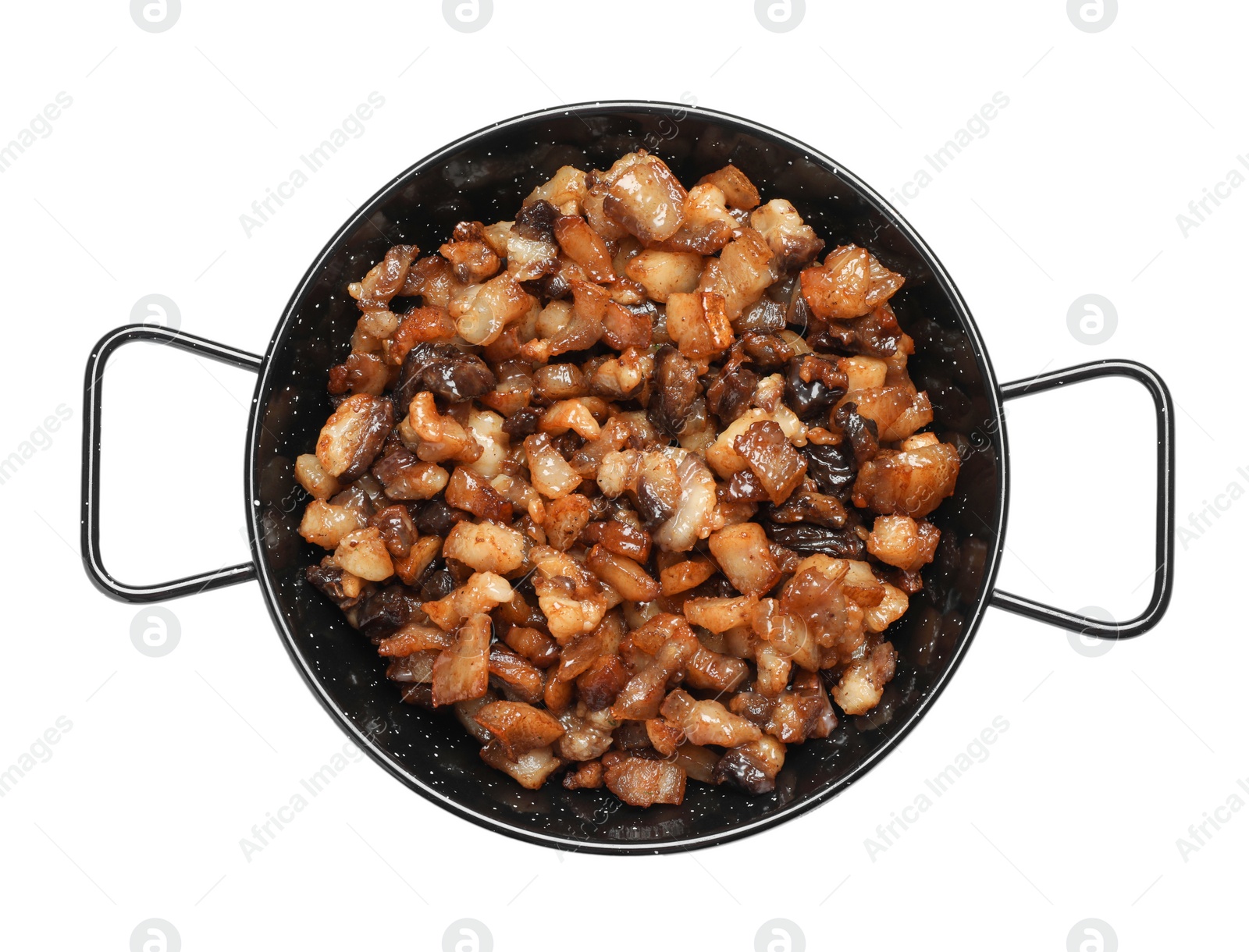 Photo of Tasty cracklings in frying pan isolated on white, top view. Cooked pork lard