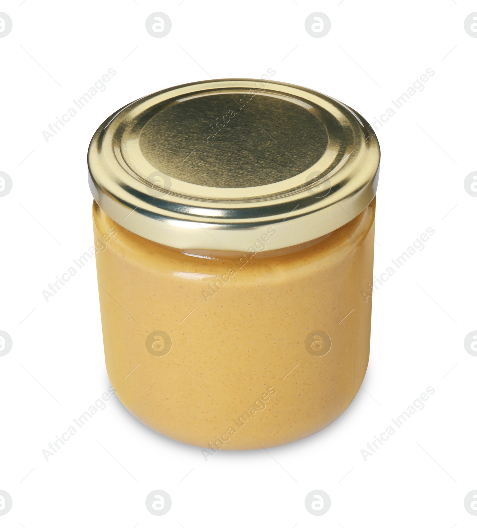 Photo of Fresh tasty mustard sauce in glass jar isolated on white