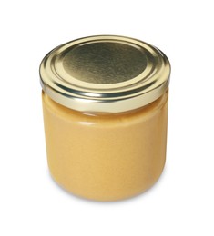 Photo of Fresh tasty mustard sauce in glass jar isolated on white