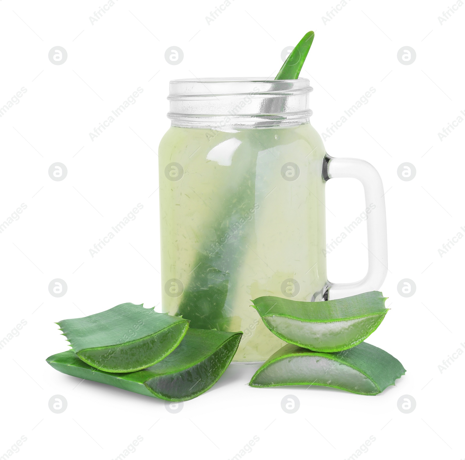 Photo of Tasty aloe juice in mason jar and cut leaves isolated on white