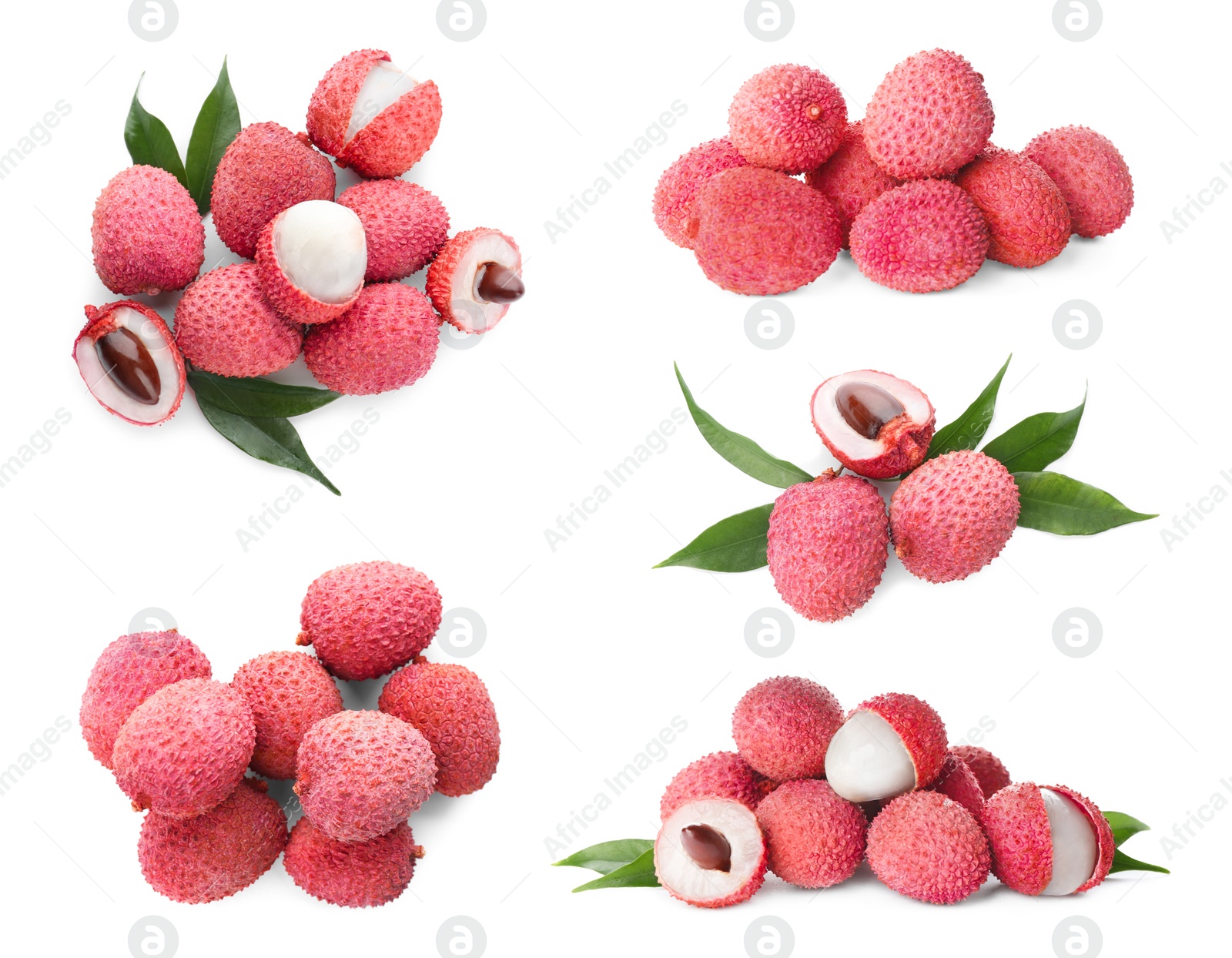 Image of Set of delicious fresh lychees on white background