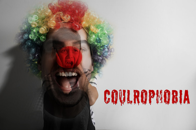 Image of Coulrophobia concept. Double exposure of scared little boy and clown