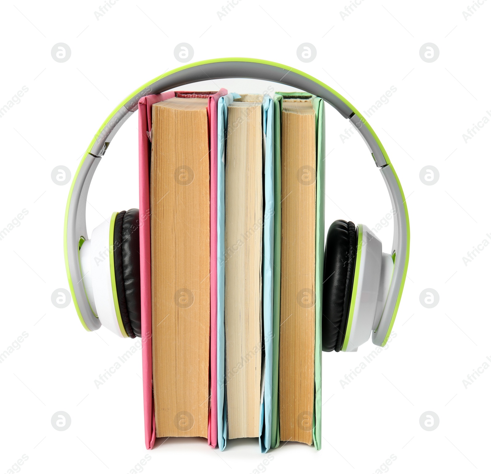 Photo of Books and modern headphones isolated on white