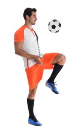 Photo of Young man playing football on white background