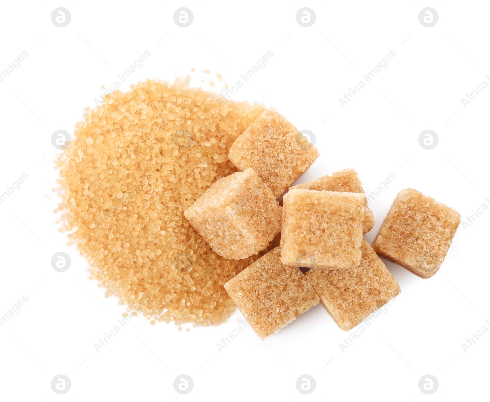 Photo of Granulated and cubed brown sugar on white background, top view