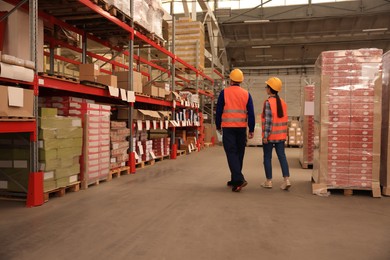 Manager and worker at warehouse, back view. Logistics center