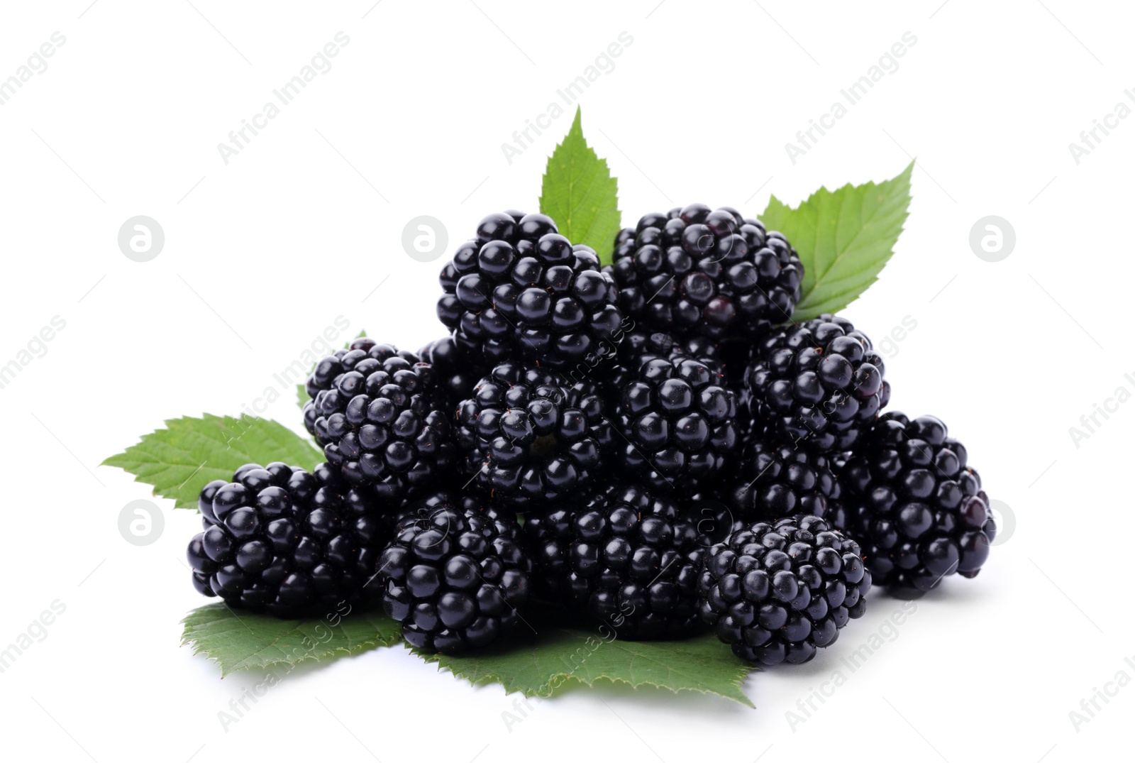 Photo of Pile of tasty ripe blackberries with green leaves on white background