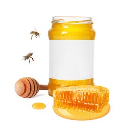 Sweet honey in glass jar with blank label, wooden honey dipper, piece of honeycomb and and flying bees on white background. Mockup for design