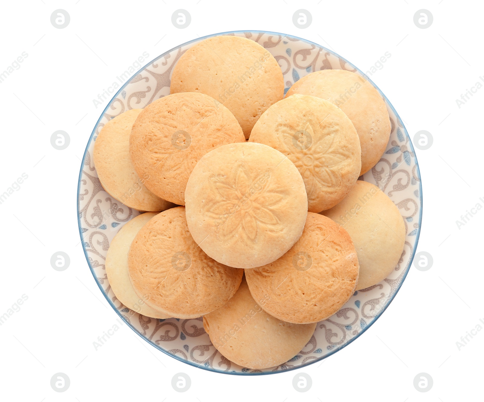 Photo of Plate with cookies for Islamic holidays isolated on white, top view. Eid Mubarak