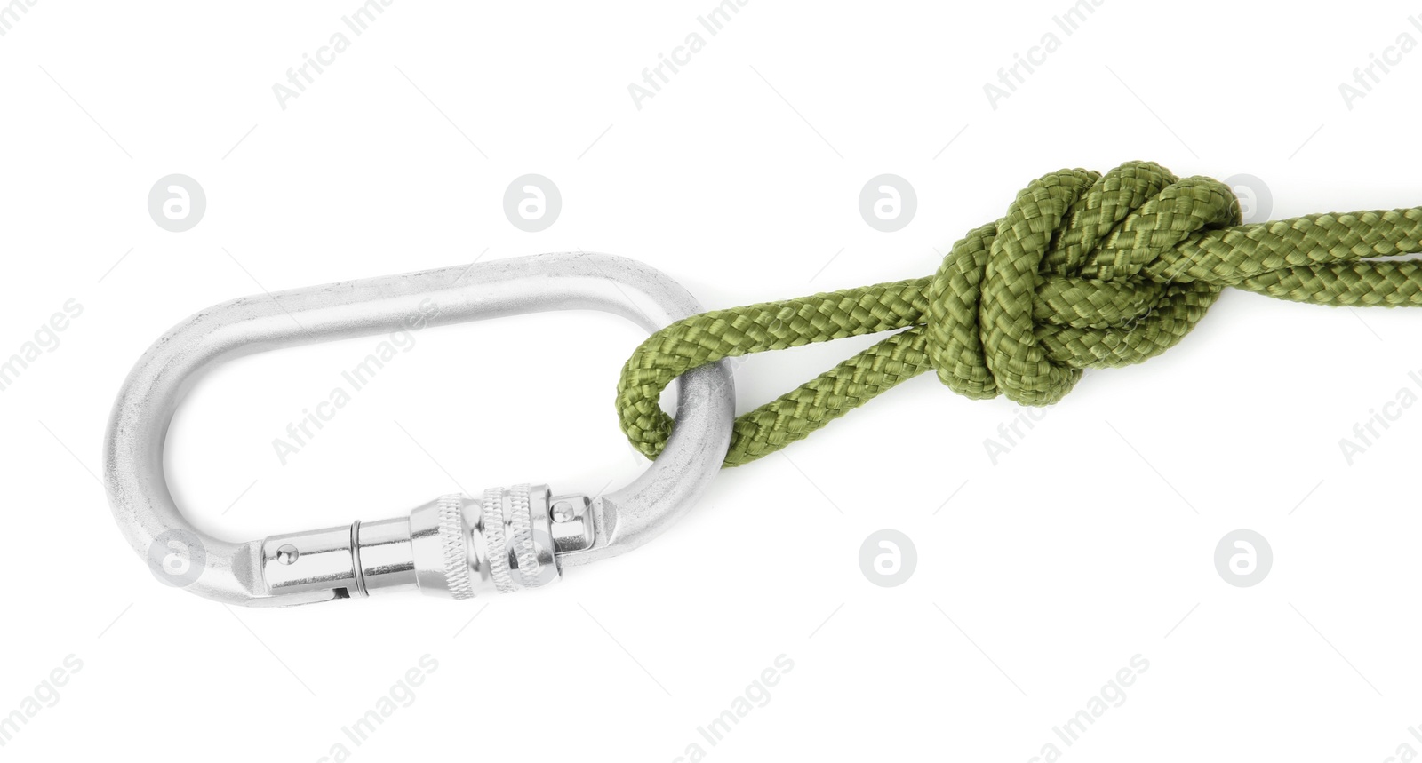 Photo of One metal carabiner with rope isolated on white, top view