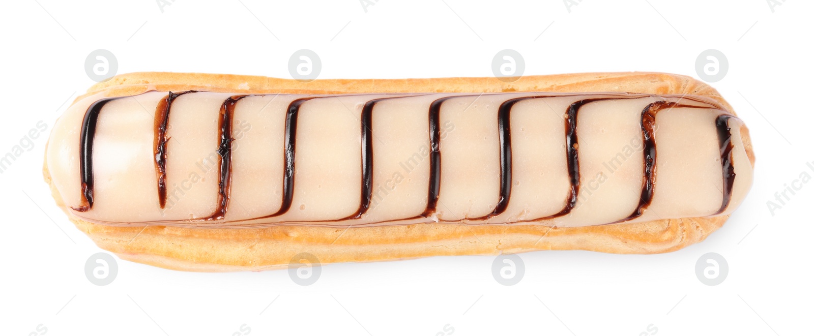 Photo of Delicious eclair covered with glaze isolated on white, top view