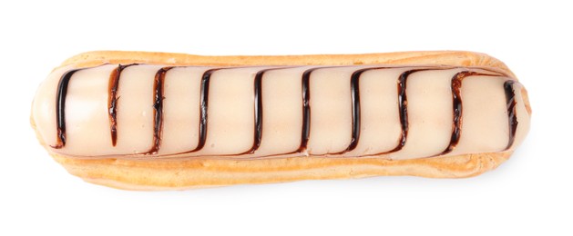 Photo of Delicious eclair covered with glaze isolated on white, top view