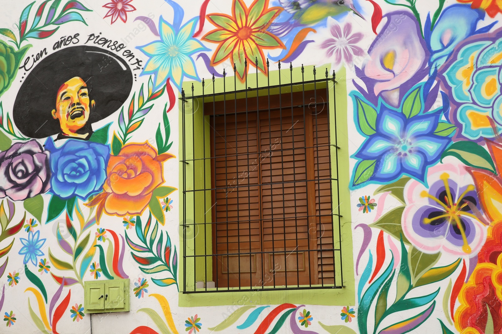 Photo of San Pedro Garza Garcia, Mexico – February 8, 2023: Building with beautiful traditional street art and window