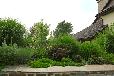 Photo of Beautiful green garden near modern house on summer day