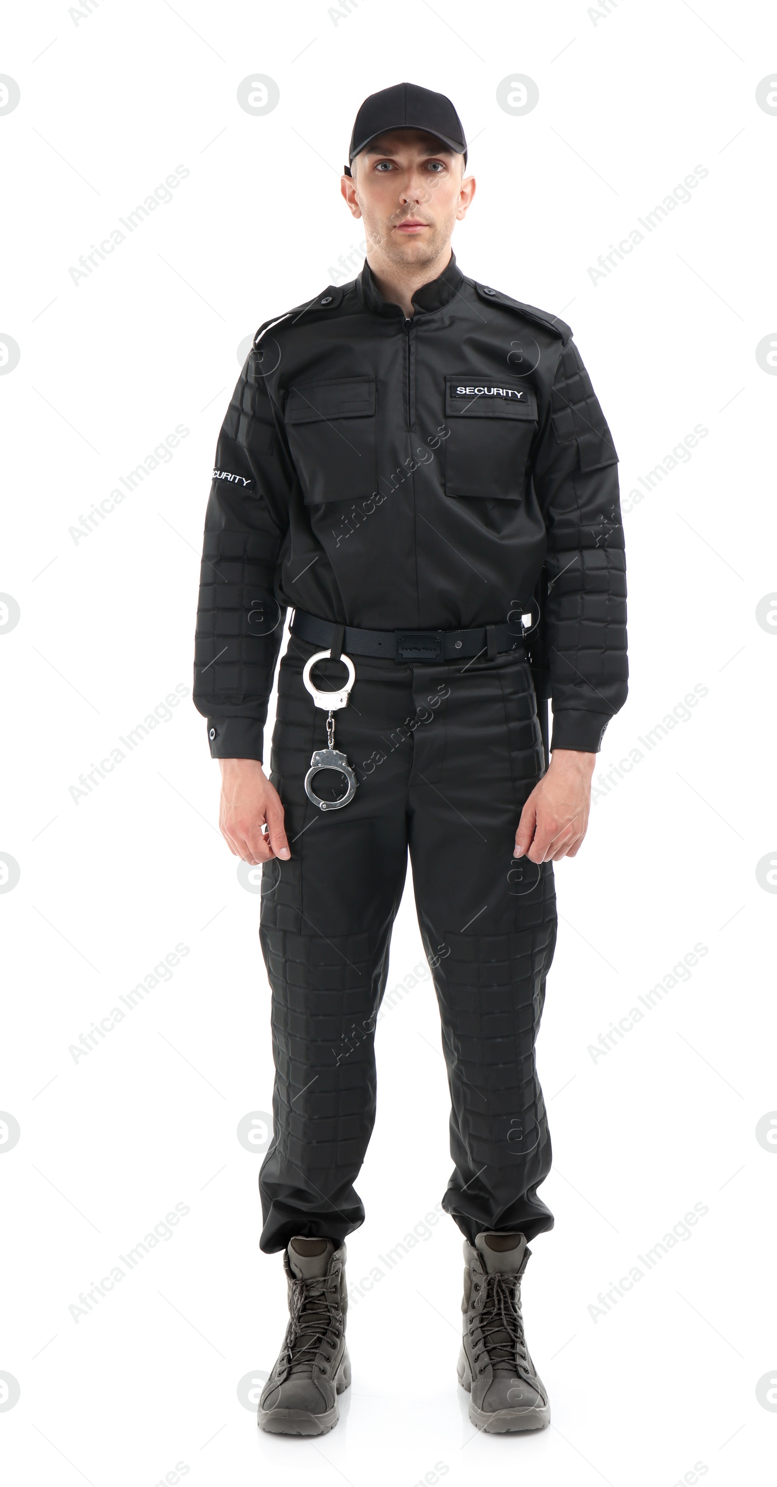 Photo of Male security guard in uniform on white background