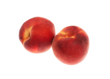 Photo of Delicious fresh ripe peaches isolated on white, top view