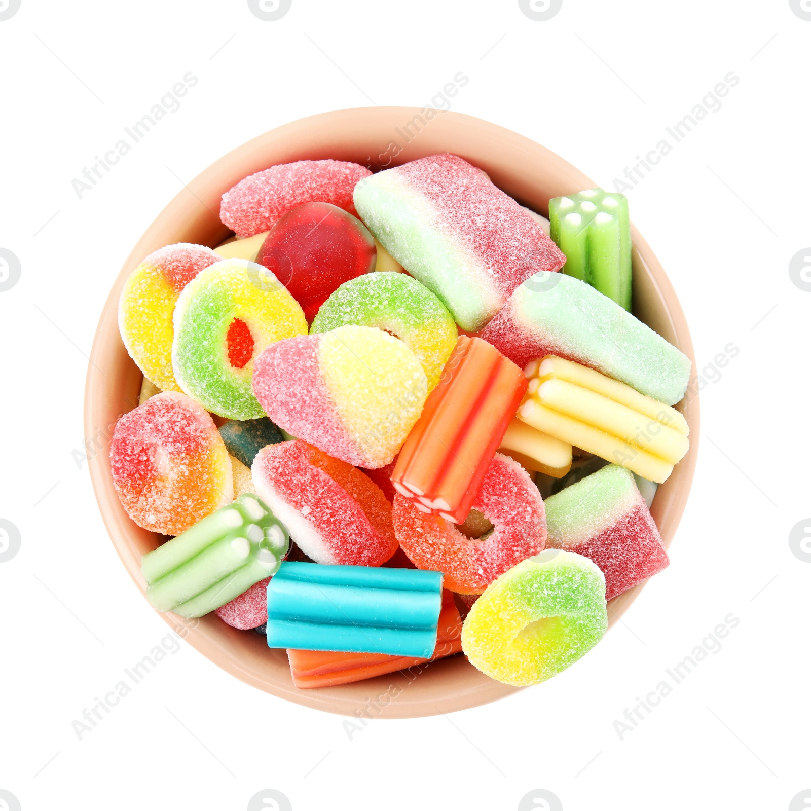 Photo of Bowl of tasty colorful jelly candies on white background, top view