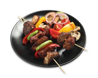 Delicious shish kebabs with vegetables isolated on white
