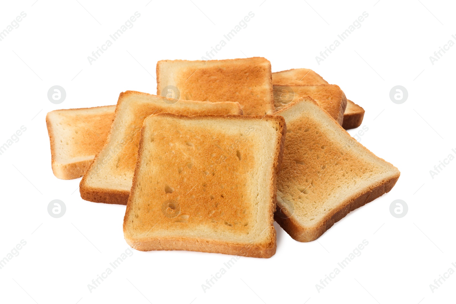 Photo of Slices of delicious toasted bread on white background