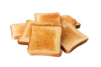 Slices of delicious toasted bread on white background