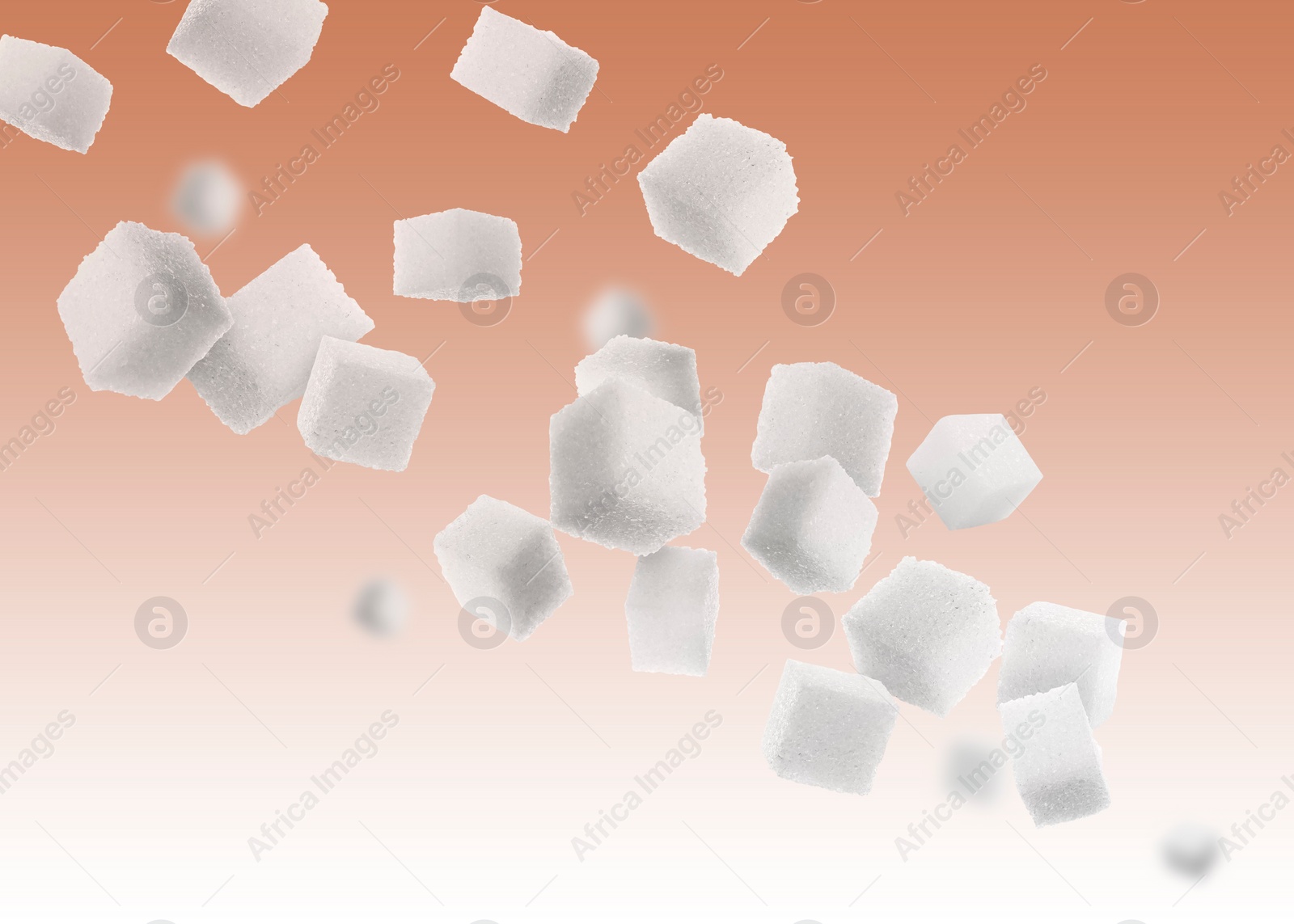 Image of Refined sugar cubes in air on color gradient background