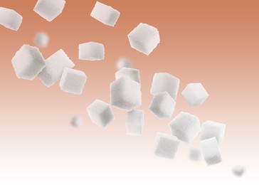 Refined sugar cubes in air on color gradient background