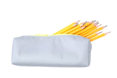 Many sharp pencils in pencil case on white background, top view
