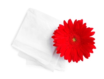 Photo of Menstrual pads and gerbera flower on white background, top view. Gynecological care