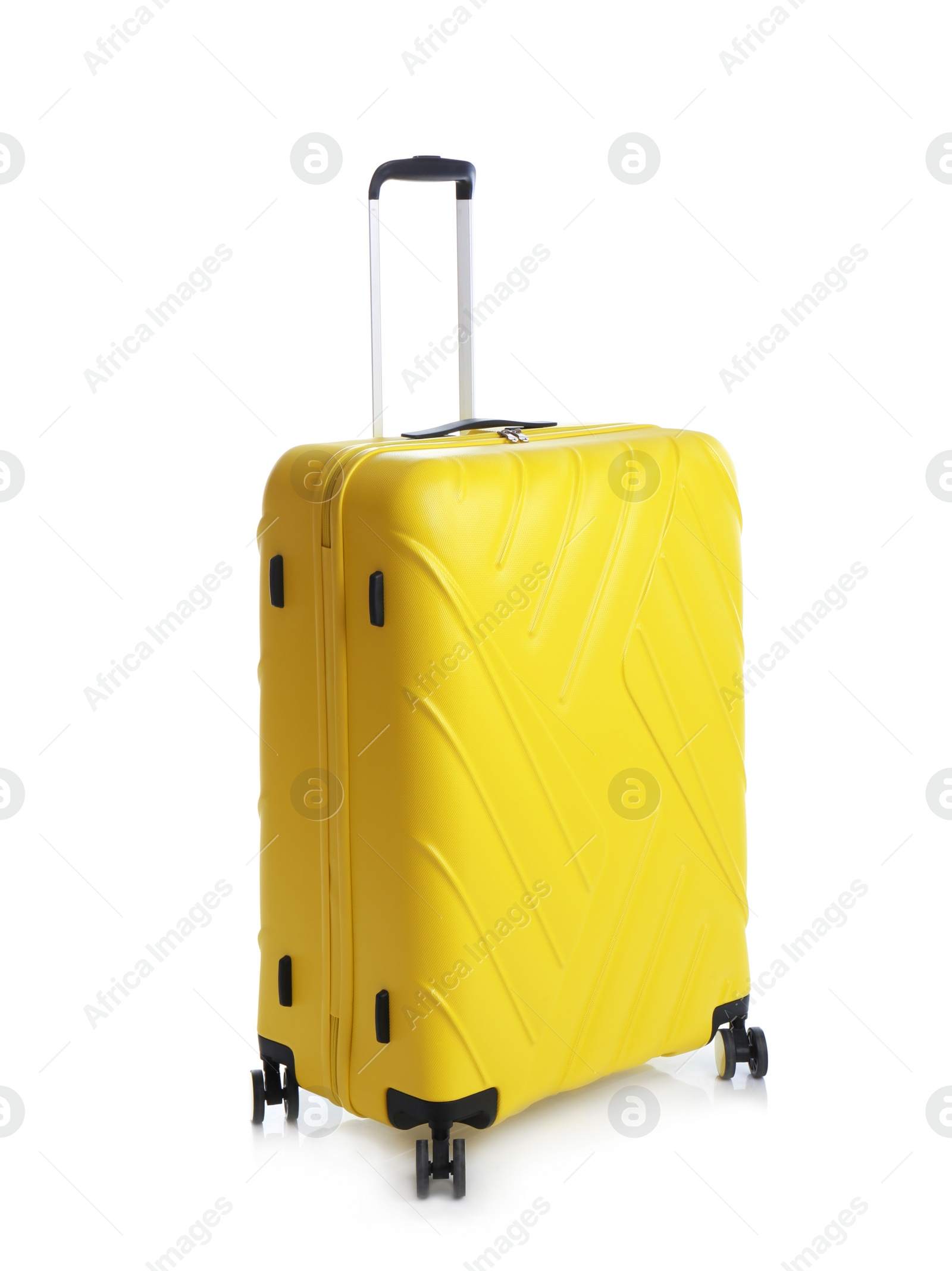 Photo of Yellow suitcase for travelling on white background