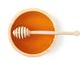 Photo of Tasty honey in bowl and dipper isolated on white, top view