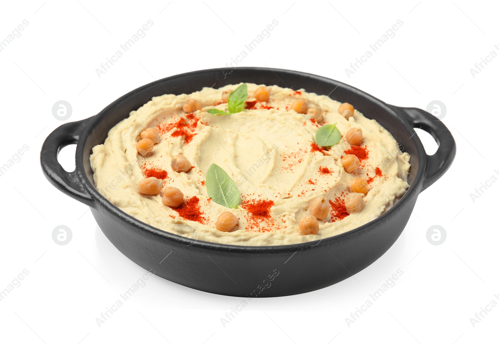 Photo of Delicious hummus with chickpeas and paprika isolated on white