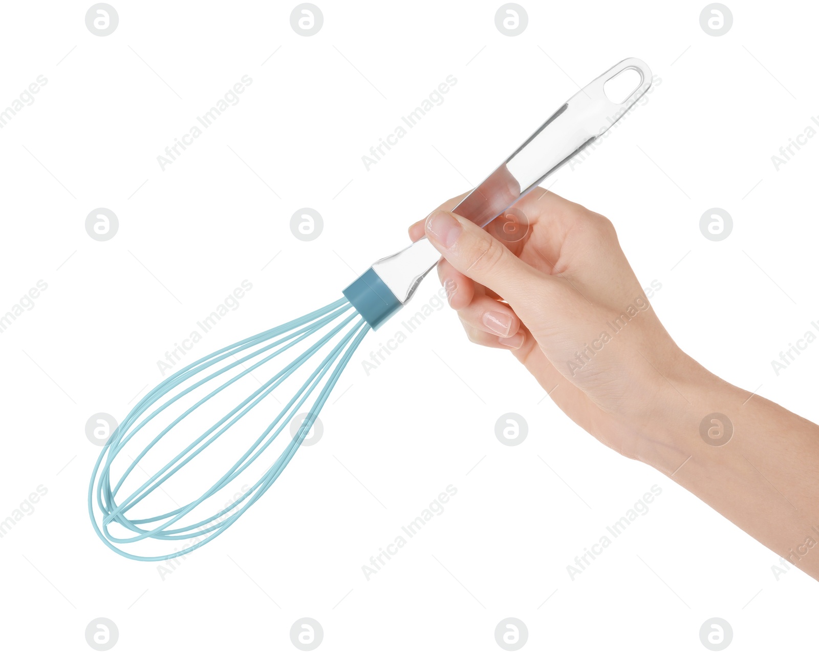 Photo of Woman holding whisk on white background, closeup