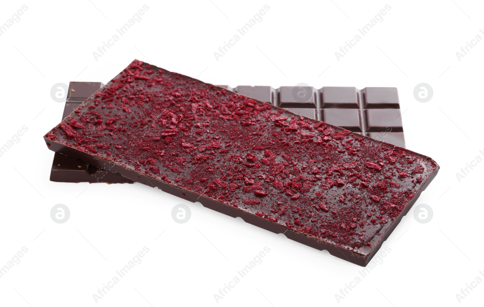 Photo of Chocolate bars with freeze dried fruits on white background