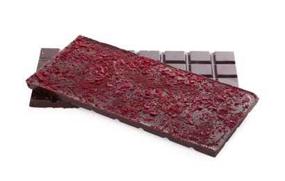 Photo of Chocolate bars with freeze dried fruits on white background