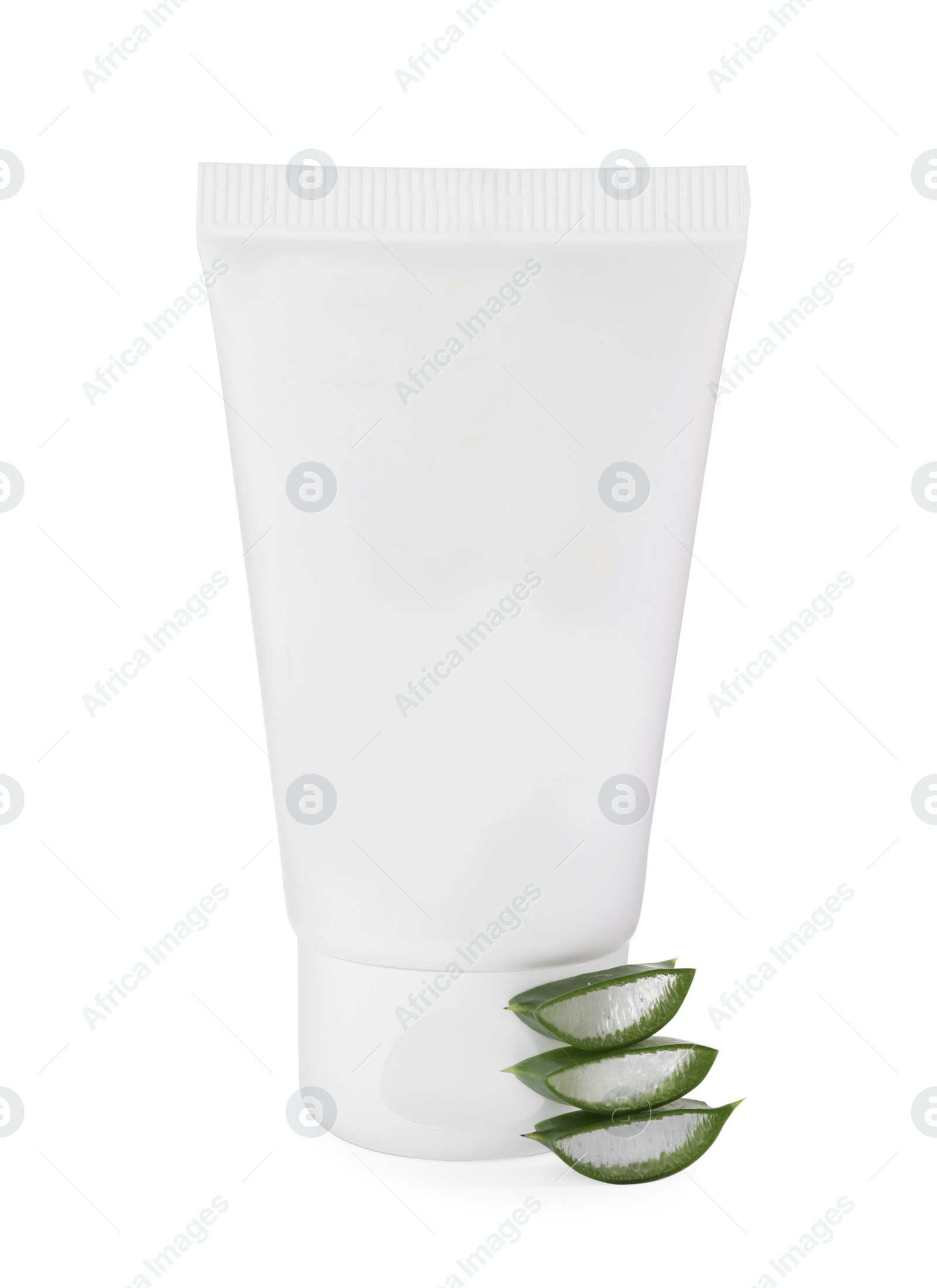 Photo of Tube of hand cream and aloe on white background