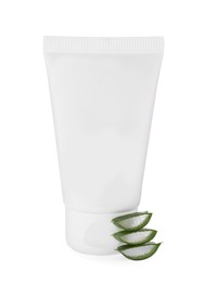 Tube of hand cream and aloe on white background