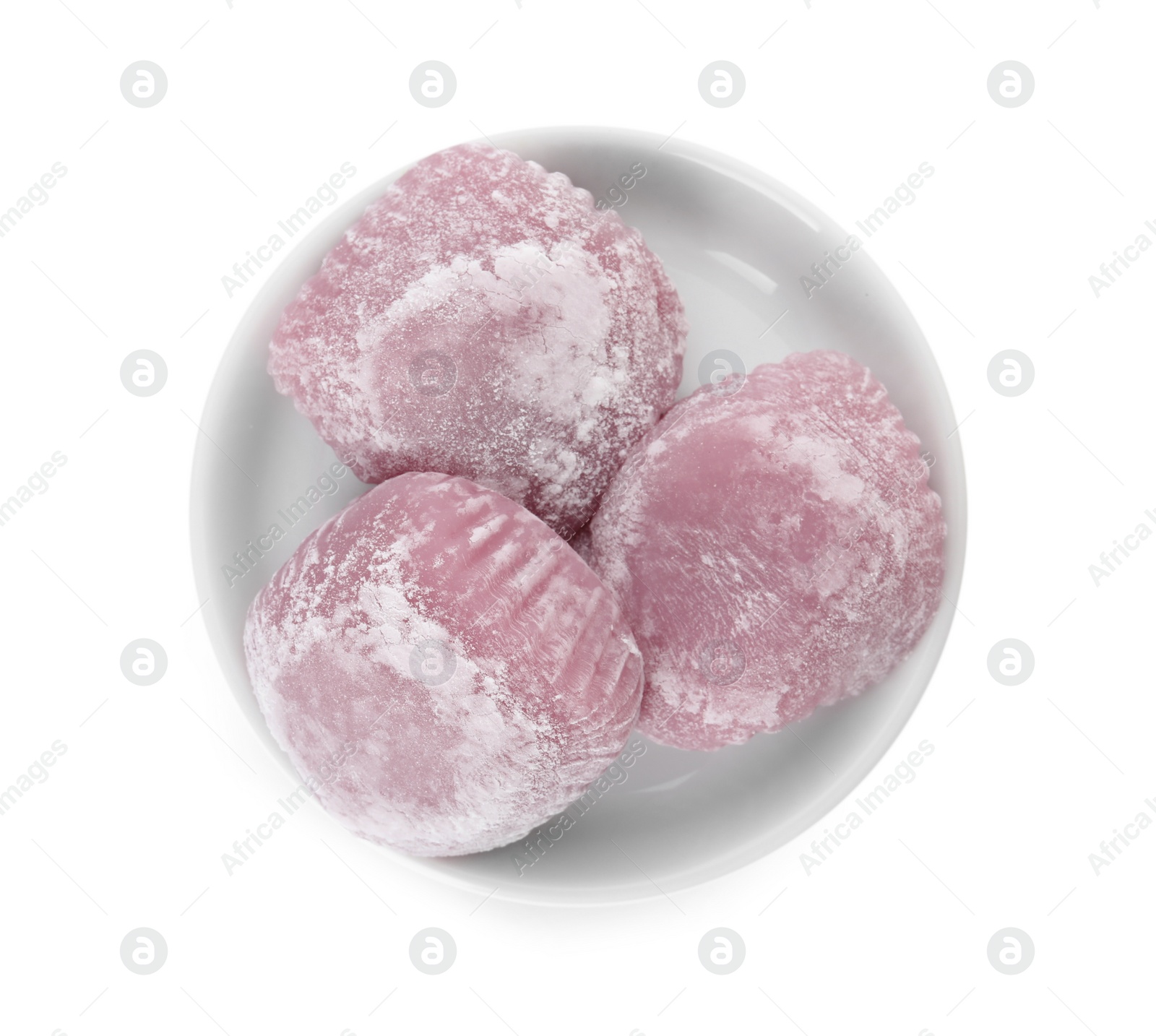 Photo of Plate with delicious mochi on white background, top view. Traditional Japanese dessert