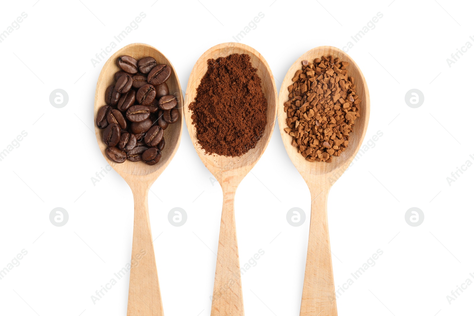 Photo of Wooden spoons of beans, instant and ground coffee on white background, top view