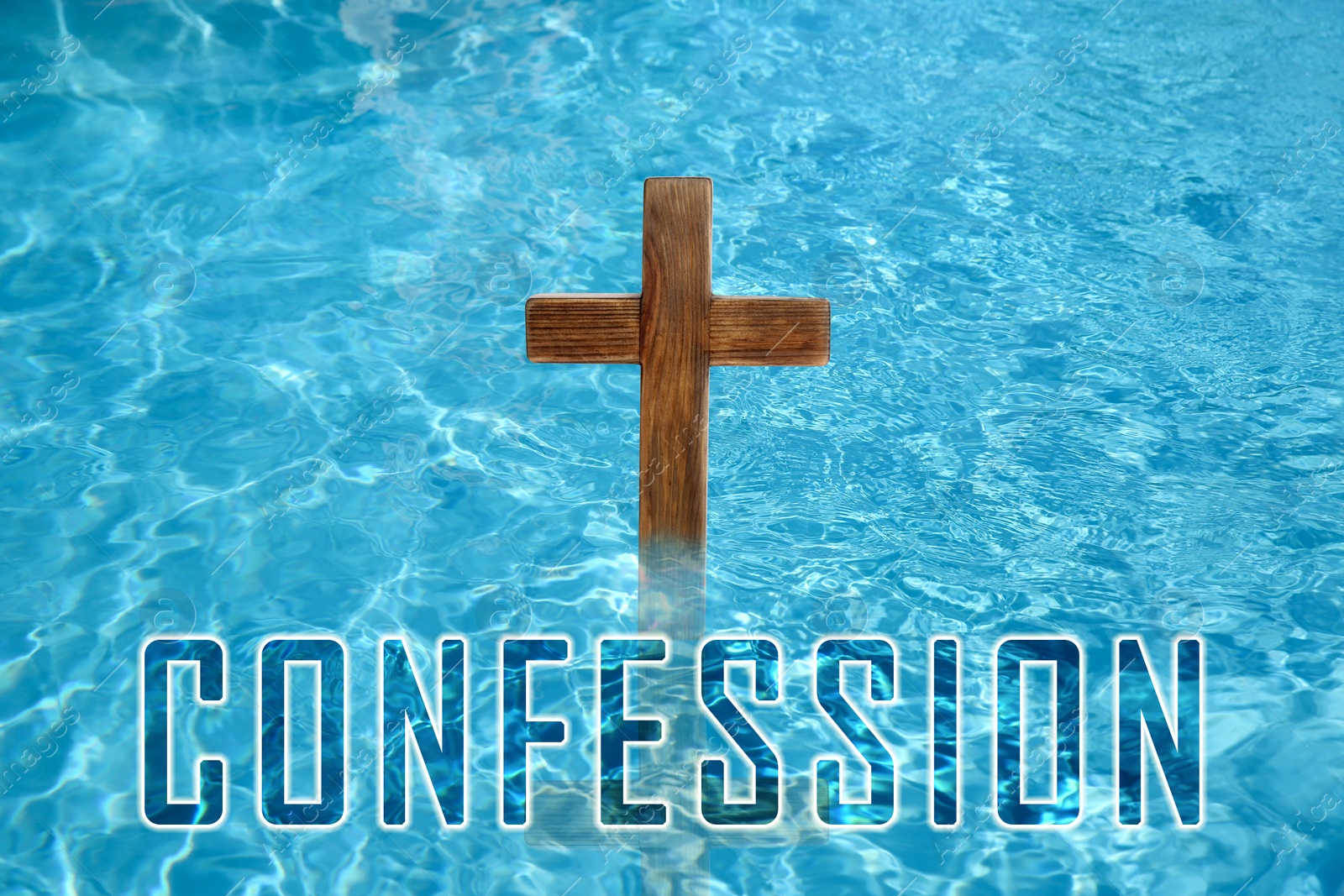 Image of Word Confession near wooden Christian cross in water