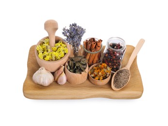 Photo of Mortar with pestle, many different dry herbs and spices isolated on white