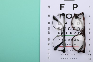 Photo of Vision test chart and glasses on turquoise background, flat lay. Space for text