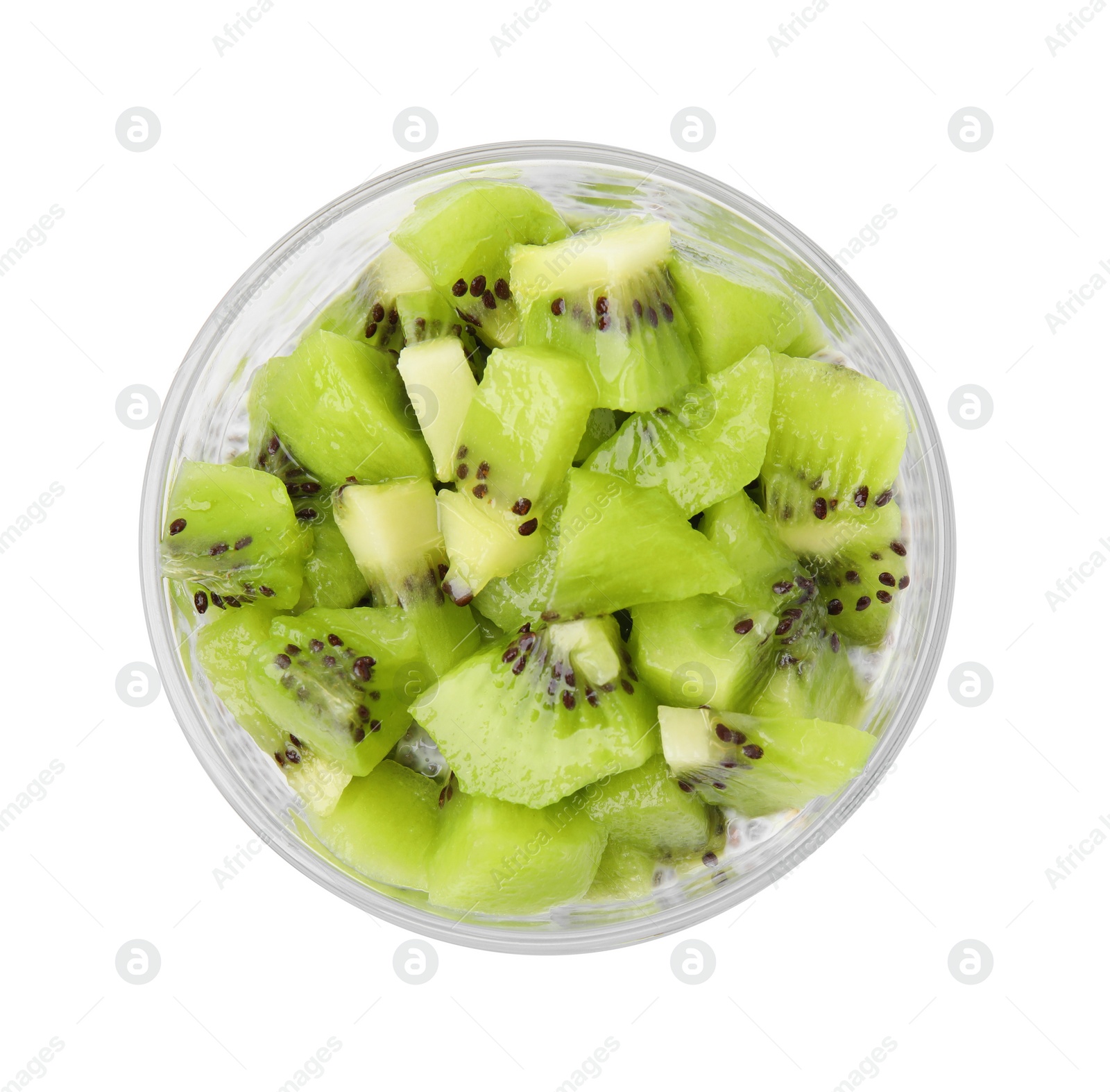 Photo of Delicious dessert with kiwi isolated on white, top view