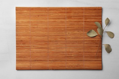 Bamboo mat and branch on beige table, flat lay. Space for text