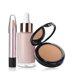 Image of Set with different decorative cosmetics on white background. Luxurious makeup products 