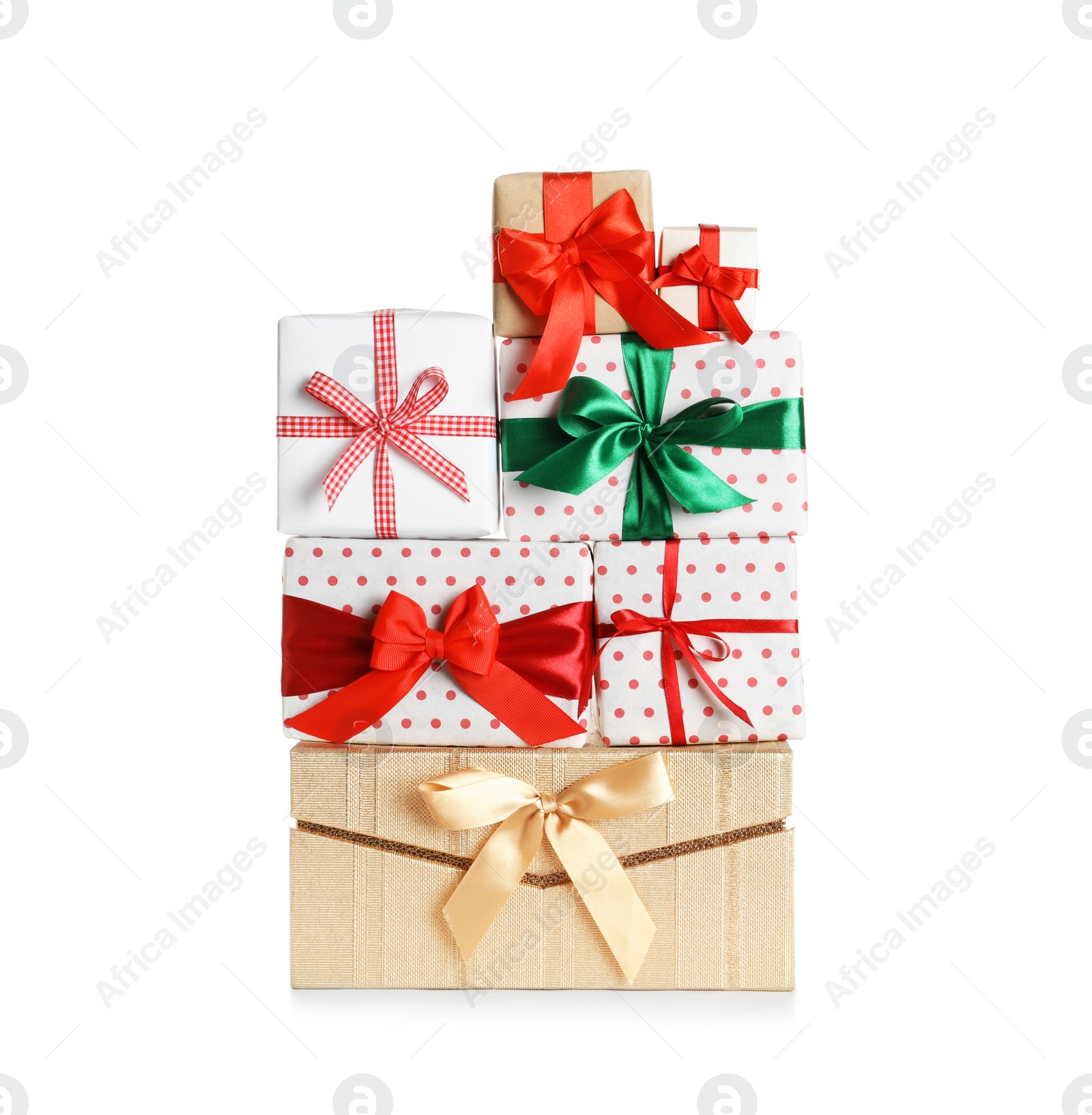 Photo of Beautifully wrapped gift boxes on white background